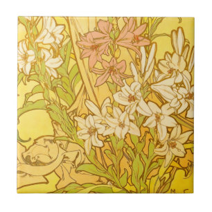Alphonse Mucha Lily Flowers Pattern: Art Nouveau Tile