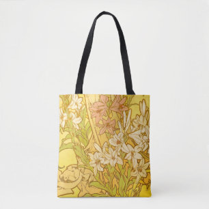 Alphonse Mucha Lily Flowers Pattern: Art Nouveau Tote Bag