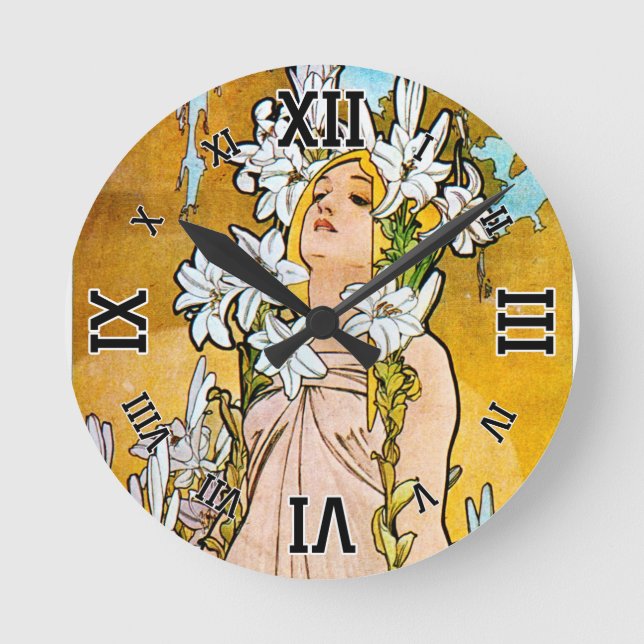 Alphonse Mucha - Lily - White Border Round Clock (Front)