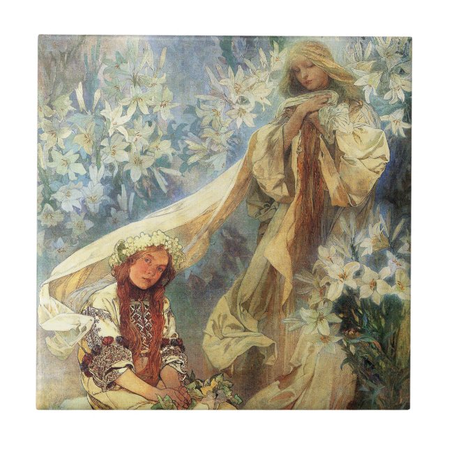 Alphonse Mucha Madonna of the Lilies Tile (Front)