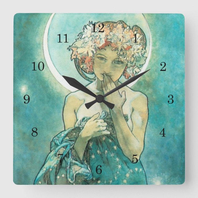 Alphonse Mucha Moonlight Clair De Lune Art Nouveau Square Wall Clock (Front)