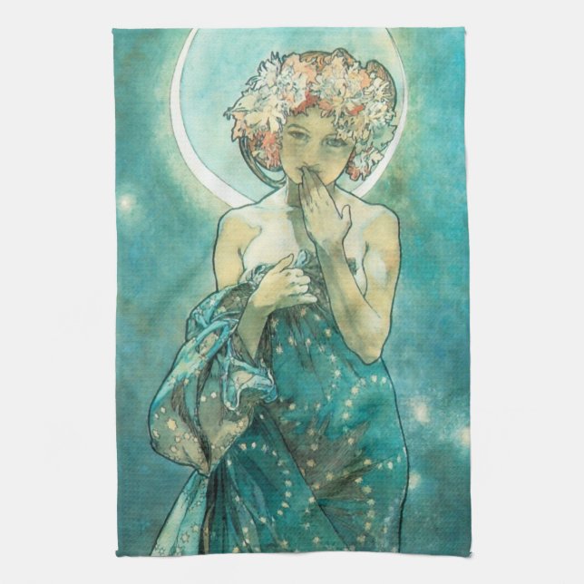 Alphonse Mucha Moonlight Clair De Lune Art Nouveau Tea Towel (Vertical)