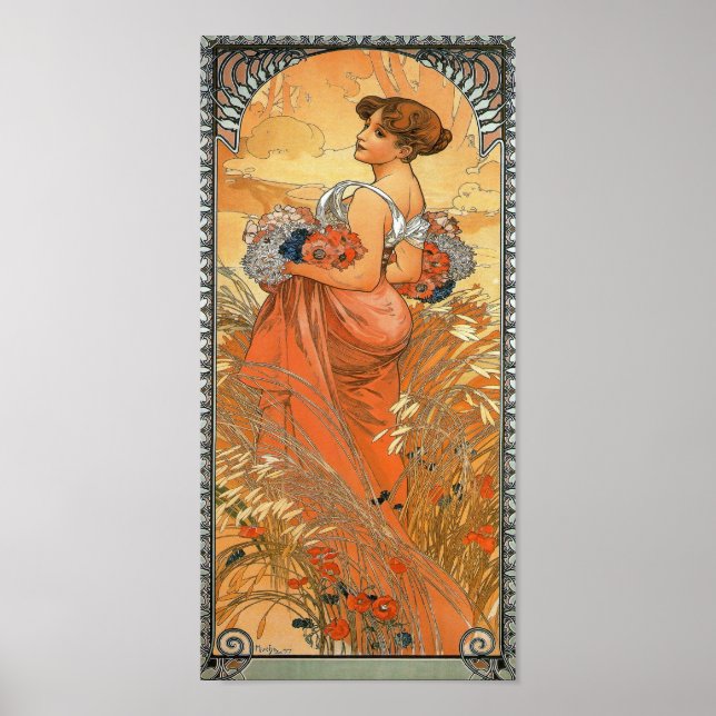 Alphonse Mucha Painting - Woman Holding Flowers Poster (Front)