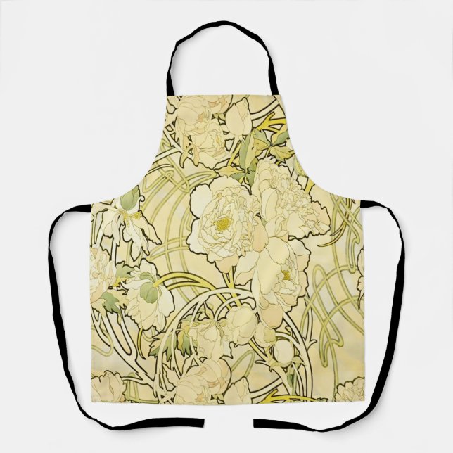 Alphonse Mucha Peonies Art Nouveau Floral Pattern Apron (Front)
