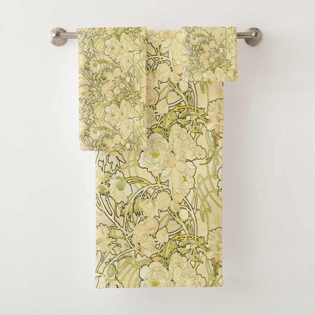 Alphonse Mucha Peonies Art Nouveau Floral Pattern Bath Towel Set (Insitu)