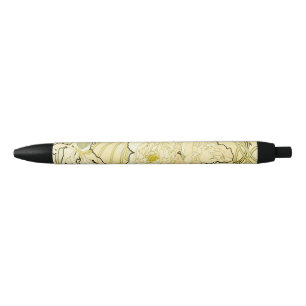 Alphonse Mucha Peonies Art Nouveau Floral Pattern Black Ink Pen