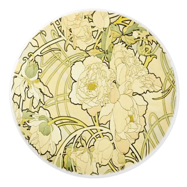 Alphonse Mucha Peonies Art Nouveau Floral Pattern Ceramic Knob (Front)