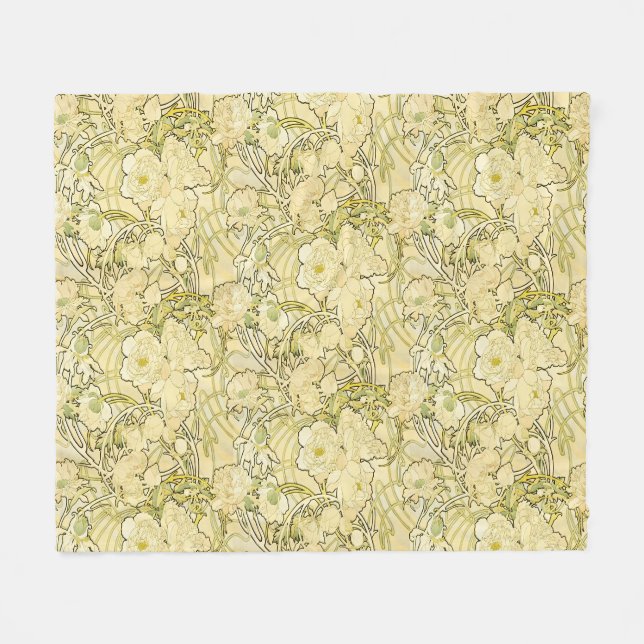 Alphonse Mucha Peonies Art Nouveau Floral Pattern Fleece Blanket (Front (Horizontal))