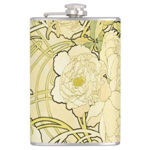Alphonse Mucha Peonies Art Nouveau Floral Pattern Hip Flask