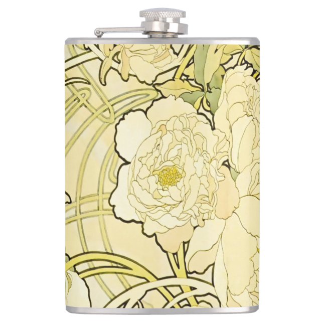 Alphonse Mucha Peonies Art Nouveau Floral Pattern Hip Flask (Front)