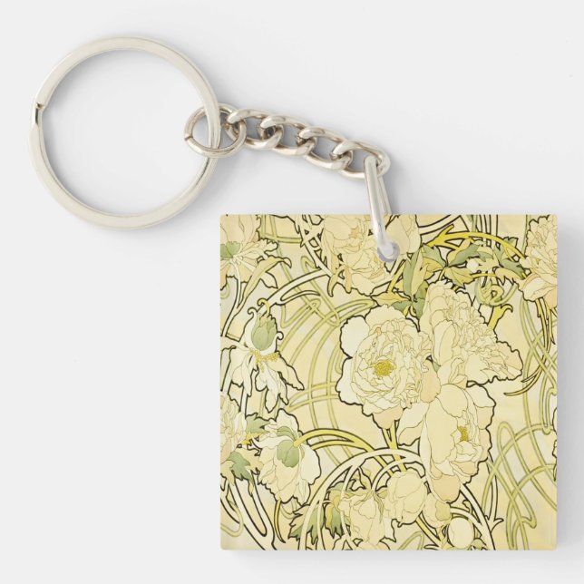 Alphonse Mucha Peonies Art Nouveau Floral Pattern Key Ring (Front)