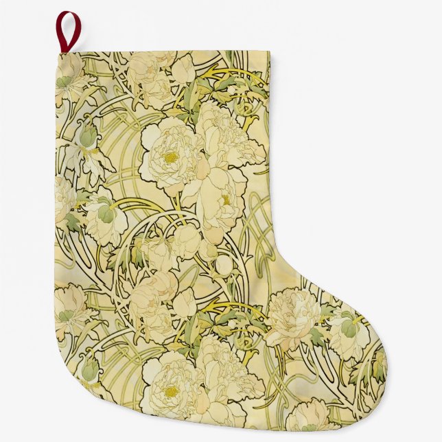Alphonse Mucha Peonies Art Nouveau Floral Pattern Large Christmas Stocking (Front)