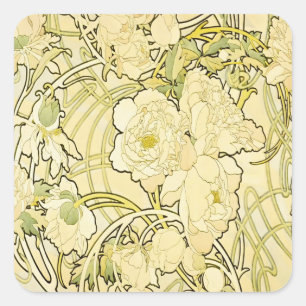 Alphonse Mucha Peonies Art Nouveau Floral Pattern Square Sticker
