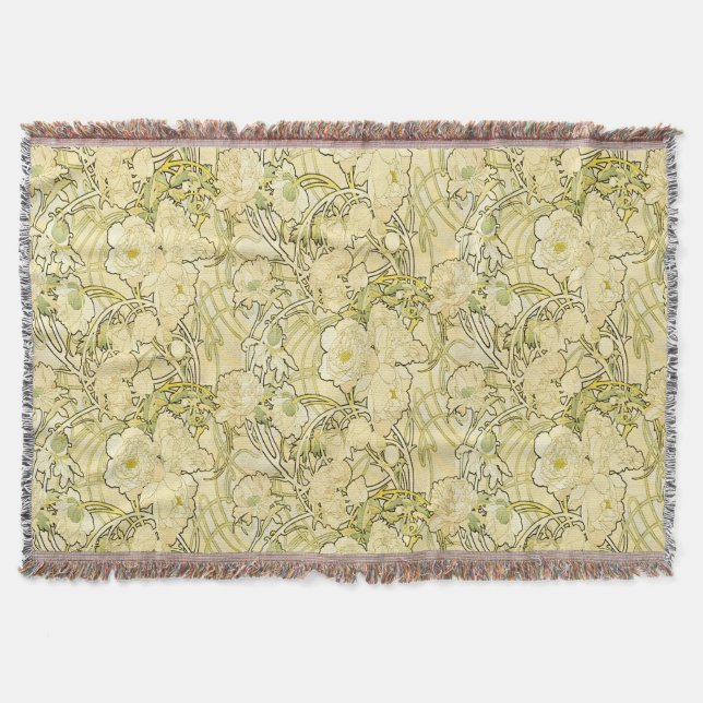 Alphonse Mucha Peonies Art Nouveau Floral Pattern Throw Blanket (Front)