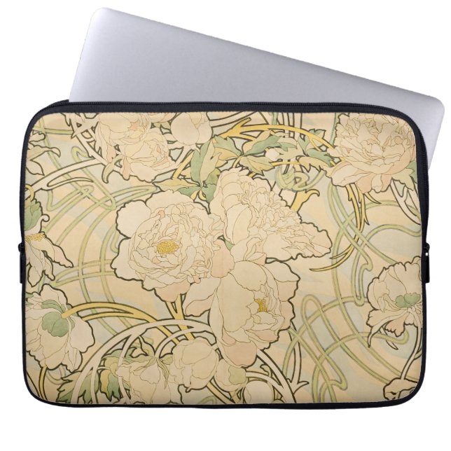 Alphonse Mucha Peonies Peony Roses Fawn 1897 Laptop Sleeve (Front)