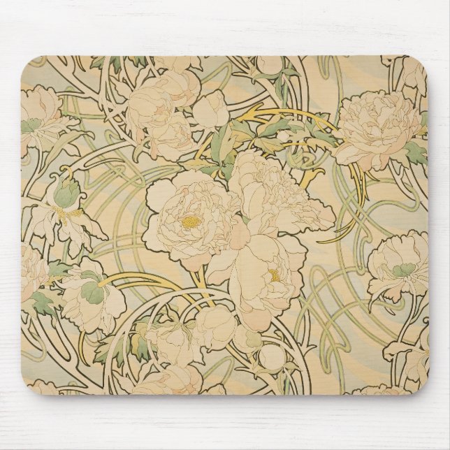 Alphonse Mucha Peonies Peony Roses Fawn 1897 Mouse Pad (Front)