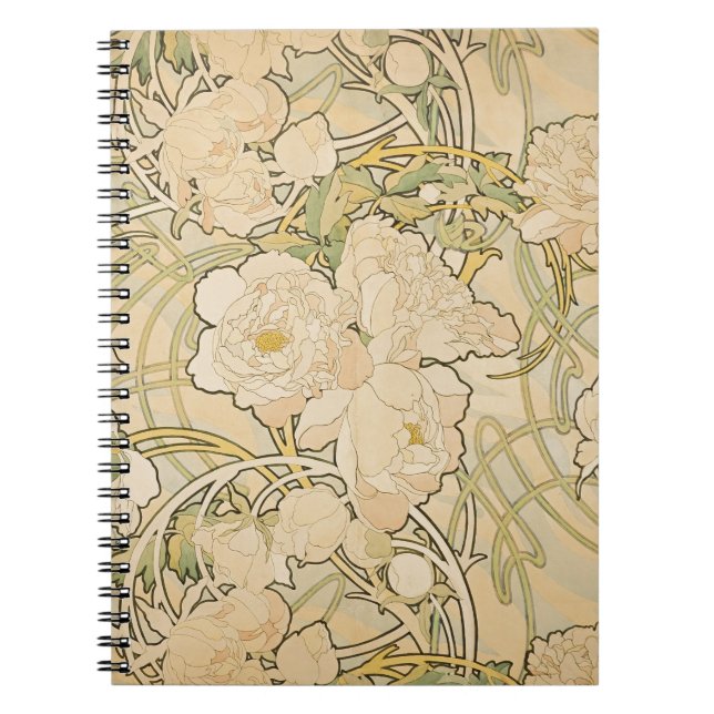 Alphonse Mucha Peonies Peony Roses Fawn 1897 Spiral Notebook (Front)