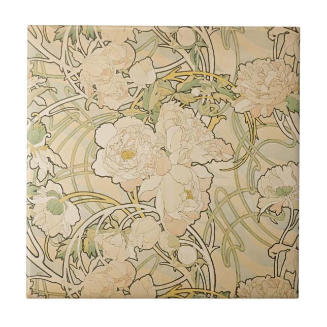 Alphonse Mucha Peonies Peony Roses Fawn 1897 Tile (Front)