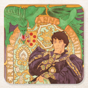 Alphonse Mucha Prince and Dragon Square Paper Coaster