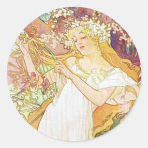 Alphonse Mucha Spring Floral Vintage Art Nouveau Classic Round Sticker