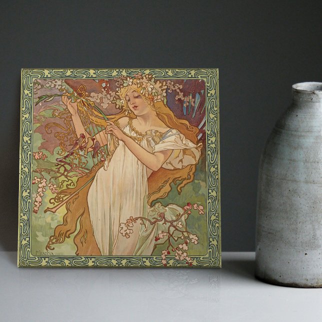 Alphonse Mucha Spring Season Art Nouveau Vintage Tile (Creator Uploaded)