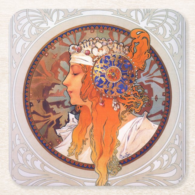 Alphonse Mucha Square Paper Coaster (Front)