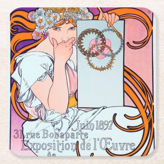 Alphonse Mucha Square Paper Coaster (Front)