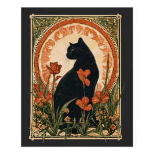 Alphonse Mucha Style Black Cat Art Nouveau Poster