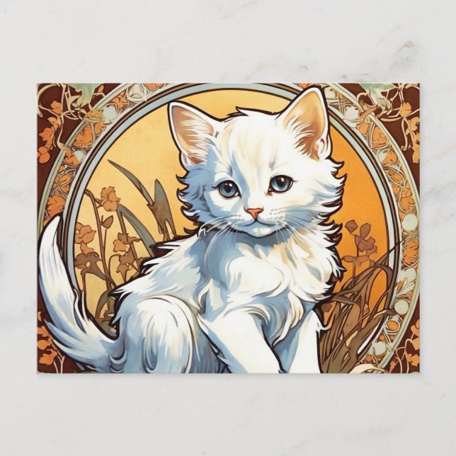 Alphonse Mucha Style Cat Holiday Postcard (Front)