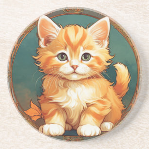 Alphonse Mucha Style Orange Cat Coaster