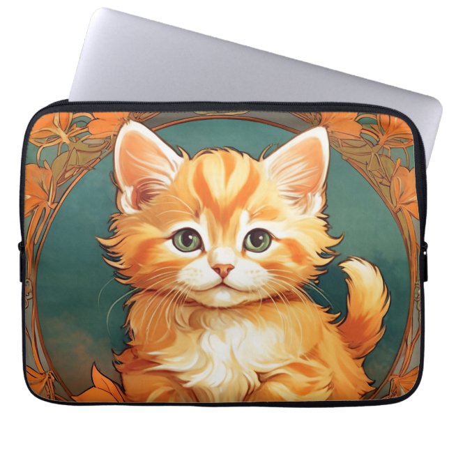 Alphonse Mucha Style Orange Cat Laptop Sleeve (Front)
