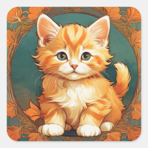 Alphonse Mucha Style Orange Cat Square Sticker