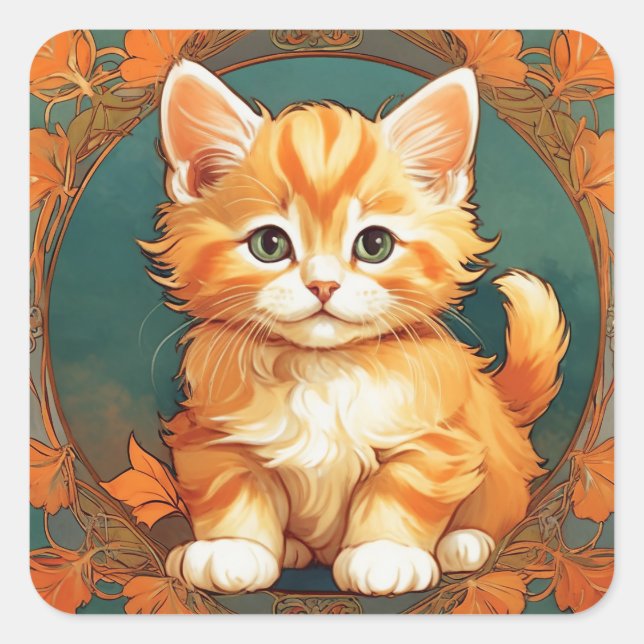 Alphonse Mucha Style Orange Cat Square Sticker (Front)