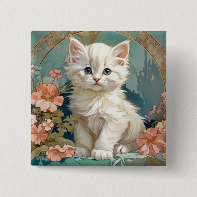 Alphonse Mucha Style White Cat 15 Cm Square Badge (Front)