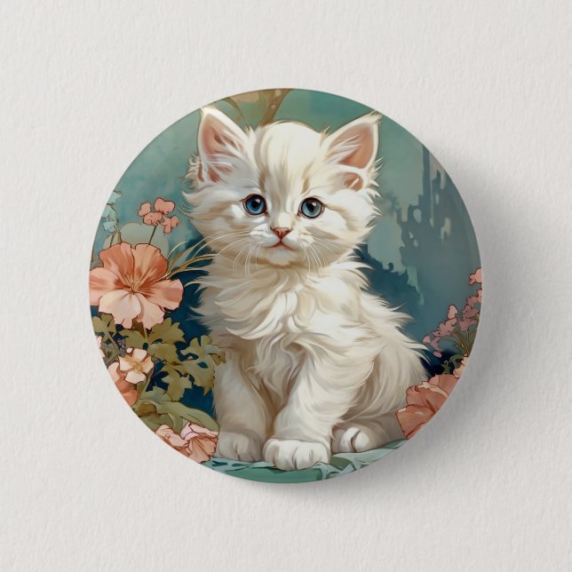 Alphonse Mucha Style White Cat 6 Cm Round Badge (Front)
