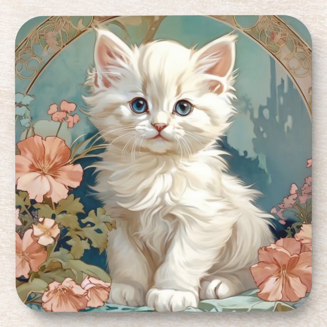 Alphonse Mucha Style White Cat Coaster (Front)