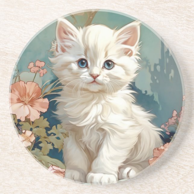 Alphonse Mucha Style White Cat Coaster (Front)