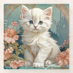 Alphonse Mucha Style White Cat Glass Coaster