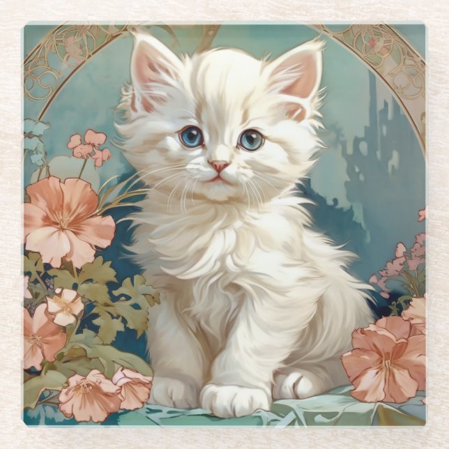 Alphonse Mucha Style White Cat Glass Coaster (Front)