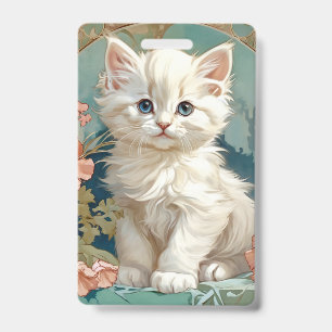 Alphonse Mucha Style White Cat ID Badge
