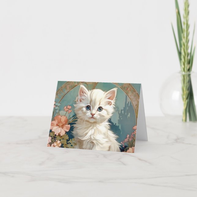 Alphonse Mucha Style White Cat Invitation (Front)