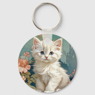 Alphonse Mucha Style White Cat Key Ring