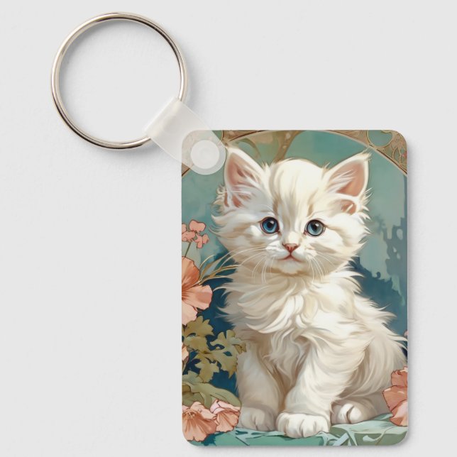 Alphonse Mucha Style White Cat Key Ring (Front)