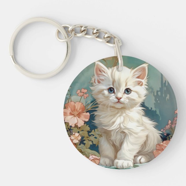 Alphonse Mucha Style White Cat Key Ring (Front)