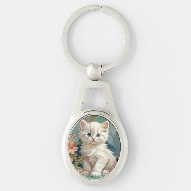 Alphonse Mucha Style White Cat Key Ring (Front)
