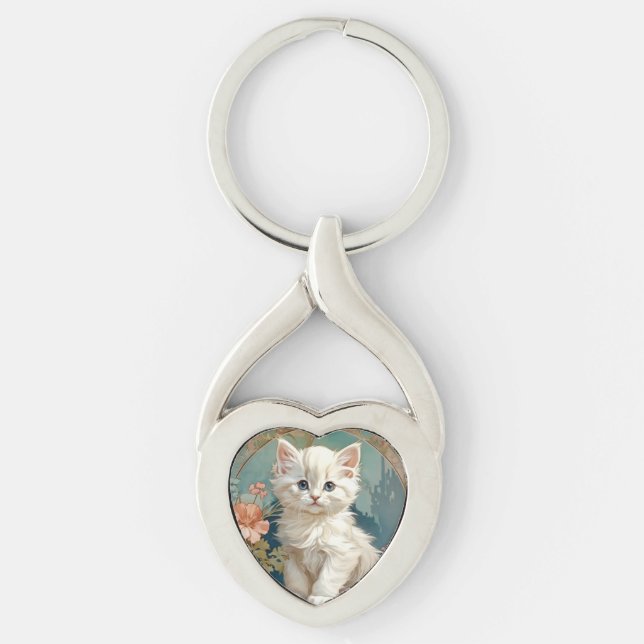 Alphonse Mucha Style White Cat Key Ring (Front)