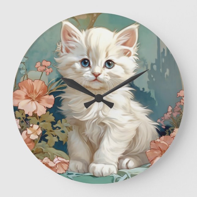 Alphonse Mucha Style White Cat Large Clock (Front)