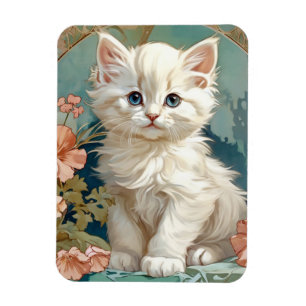 Alphonse Mucha Style White Cat Magnet