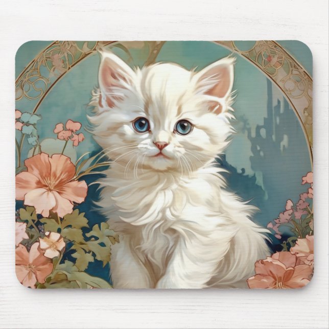 Alphonse Mucha Style White Cat Mouse Pad (Front)
