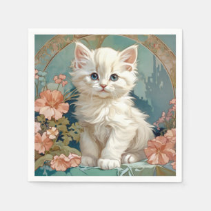 Alphonse Mucha Style White Cat Napkin